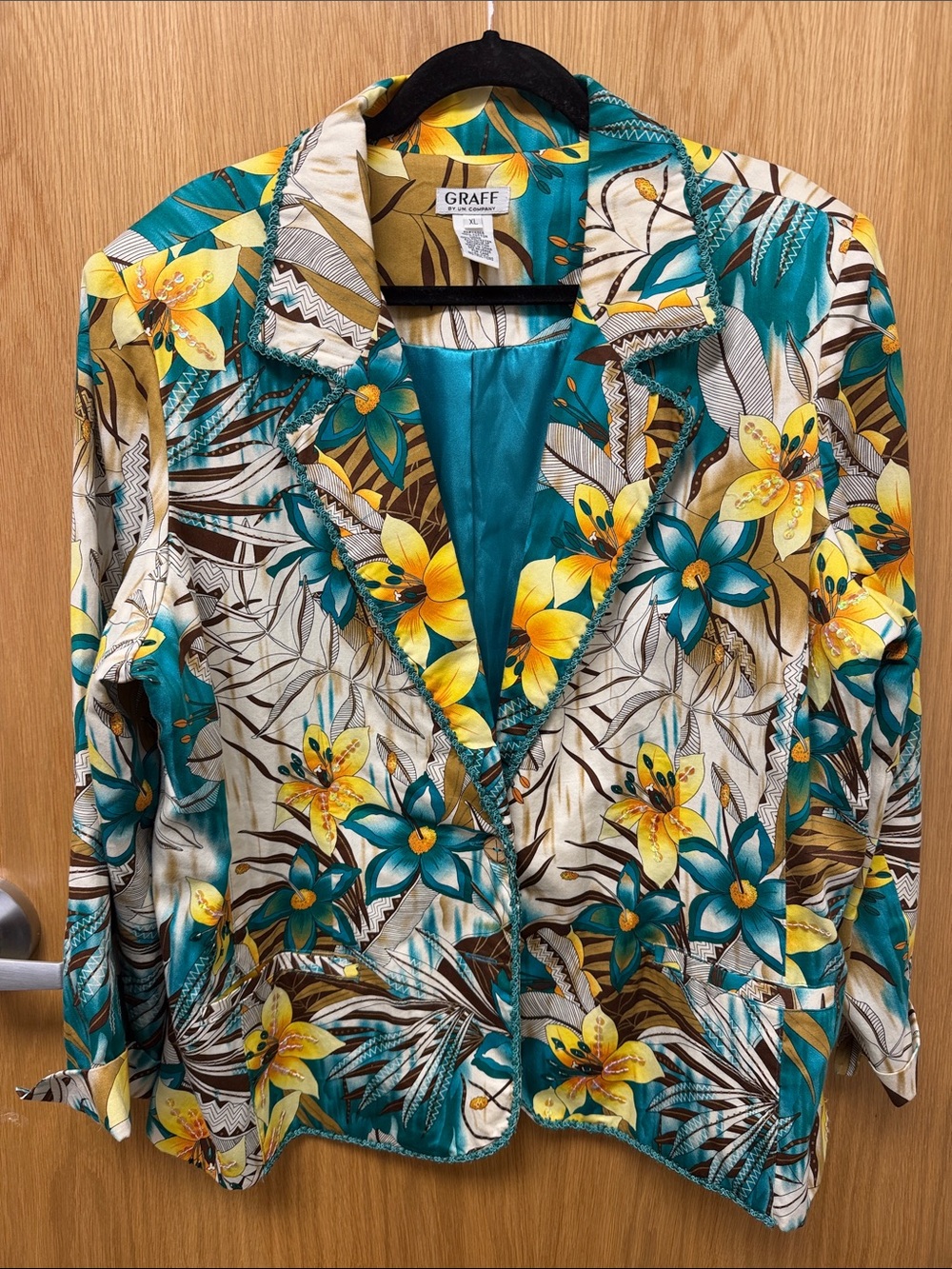 Graff by Um Company Teal & Yellow Floral Tropical Cotton Women’s Blazer Size XL